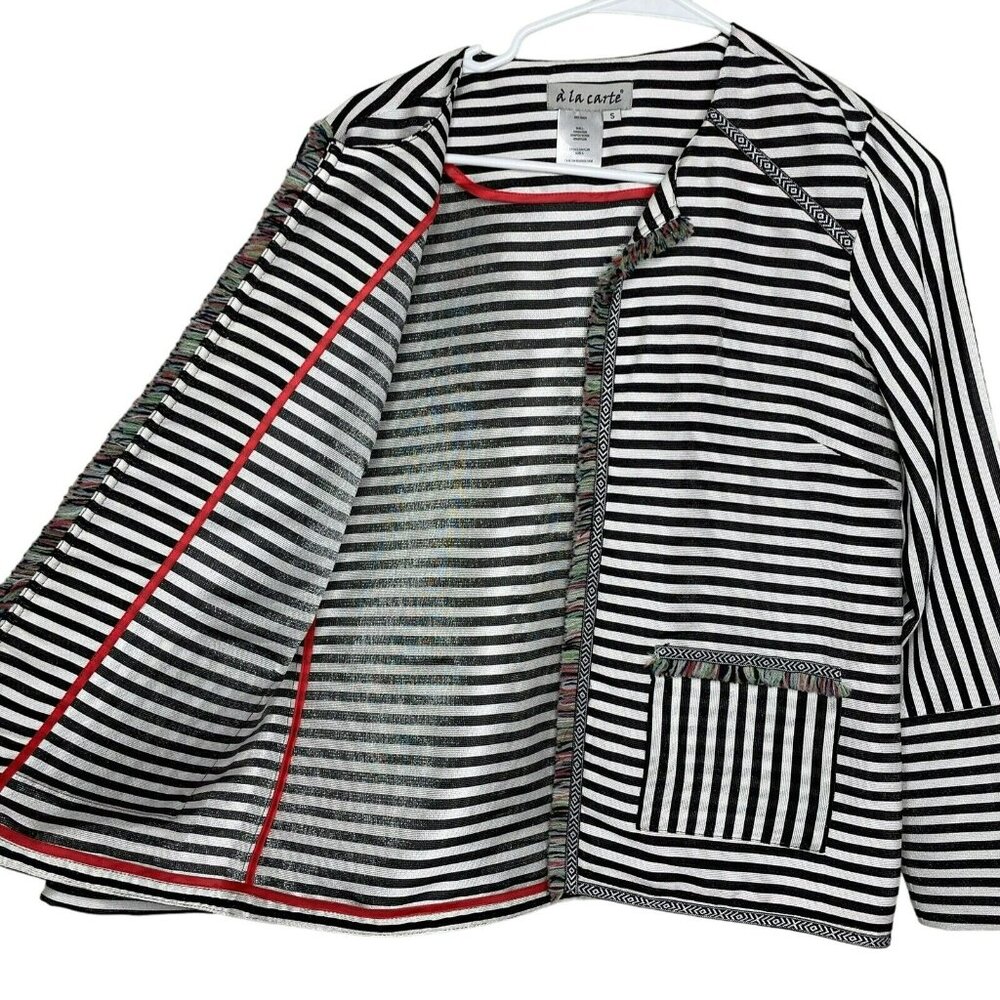 A LA CARTE Funfetti Black White Stripe Open Front Blazer Fringe Trim Wms Sz S - Picture 4 of 13
